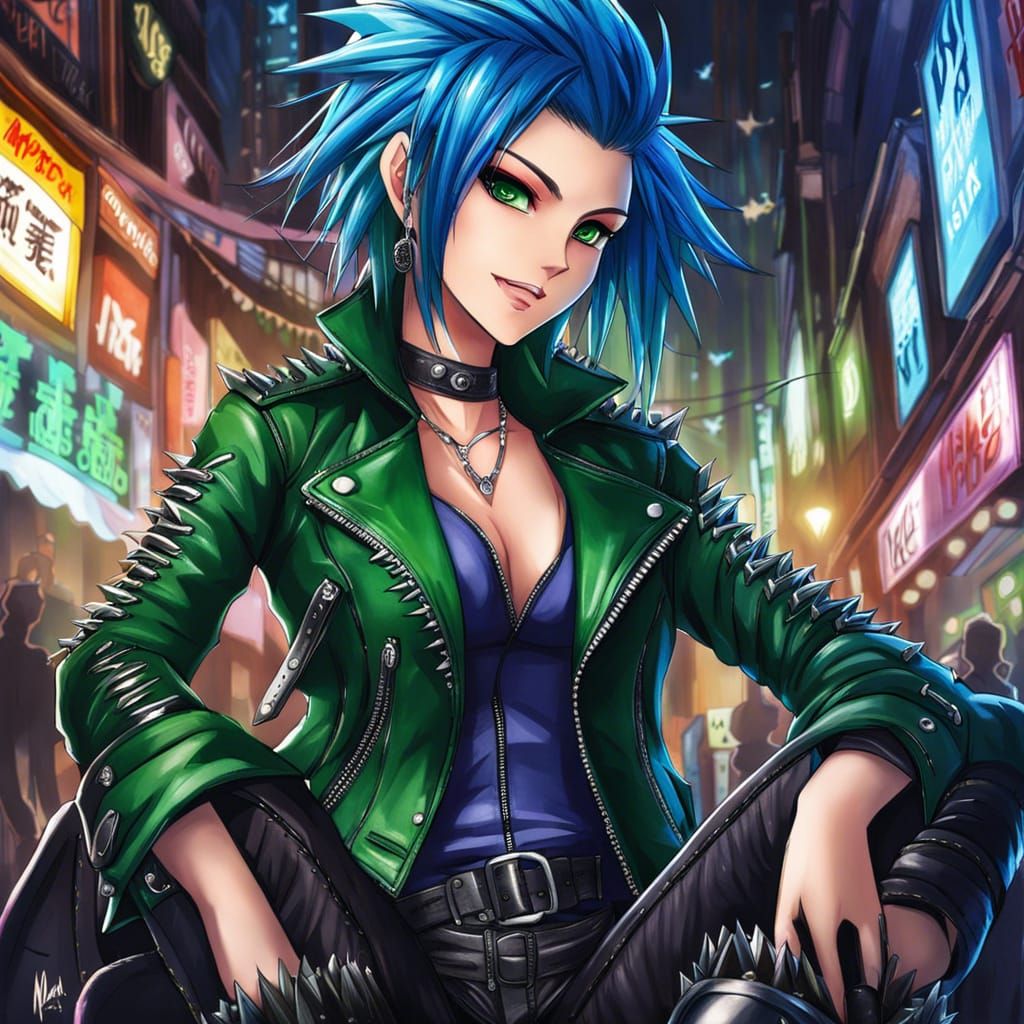 Anime Woman with Blue Hair and Cheshire Grin