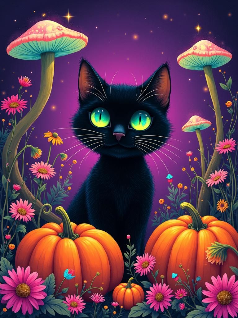 Psychedelic Black Cat in Autumnal Mushroom Garden