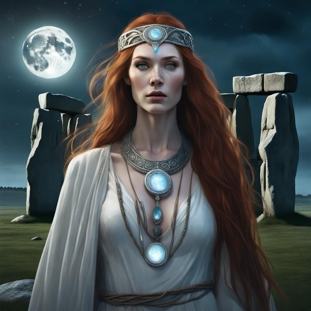 Druid Priestess at Stonehenge in Moonlight