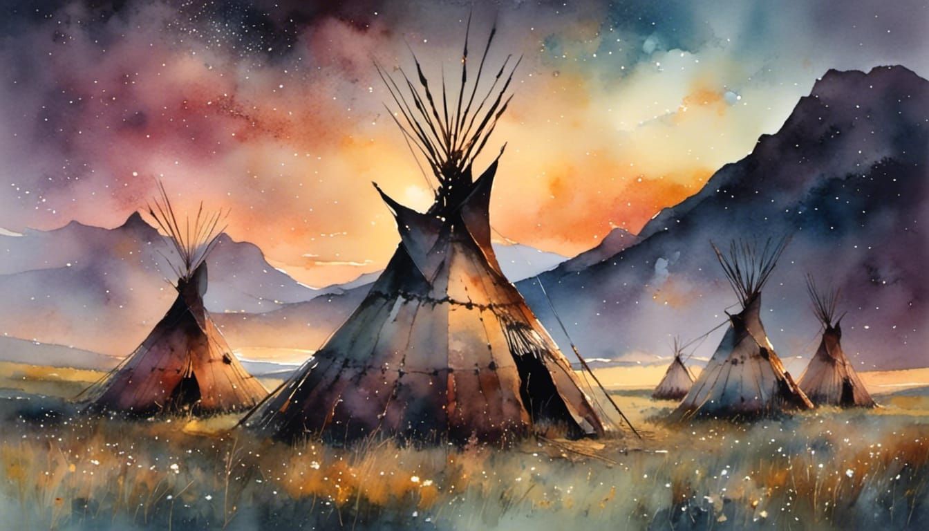 Native American Teepees at Sunset in Watercolor