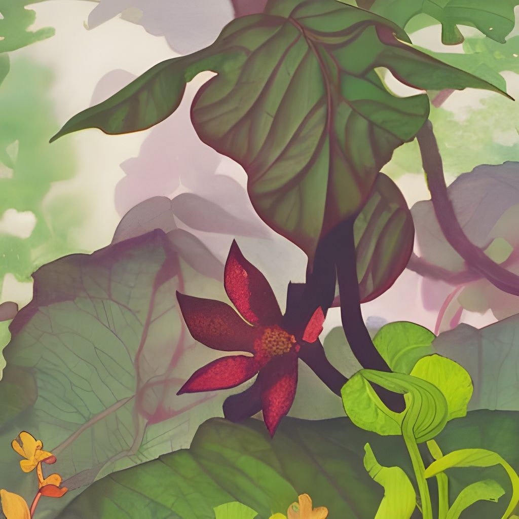 Beautiful flowing flower vine, glowing in a mysterious jungle, frog view angle, gem hues. Fluorid colours, god rays from...
