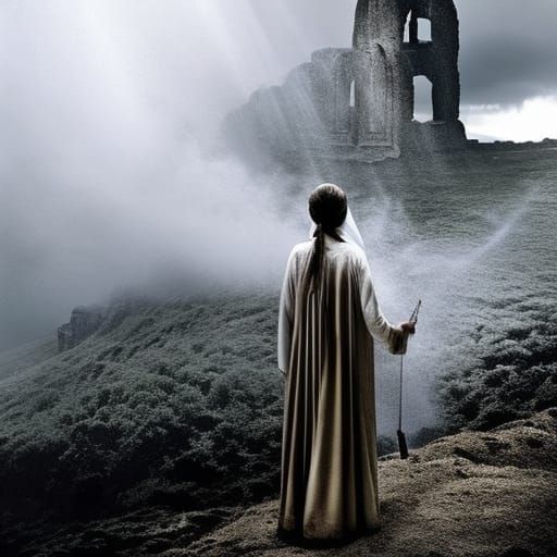 Elderly Woman Amidst Ruins as Oil Painting