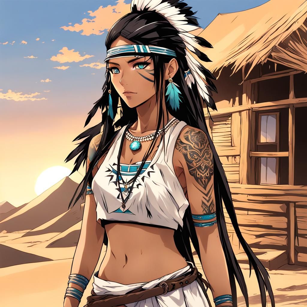 Native American Woman in Desert Sunset, Anime Style