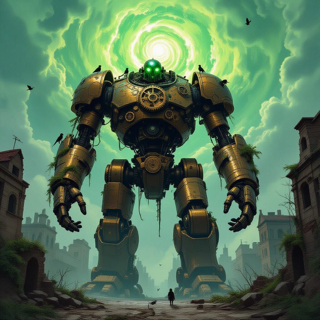 Mechanical Golem Guards Overgrown City In Dark Fantasy Style