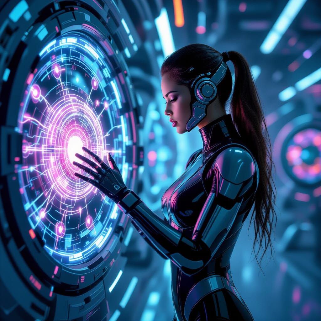 Futuristic Cyborg Woman Interacting with Neural Network