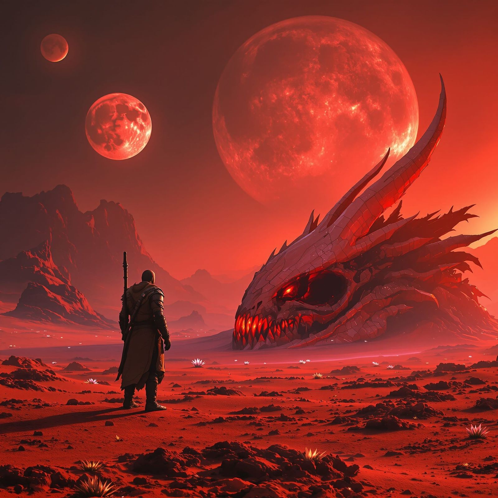 Warrior Gazing at Dragon Skull on Alien Planet