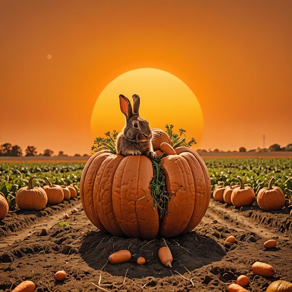 Rabbit Fills Pumpkin with Carrots: Monochromatic Photo