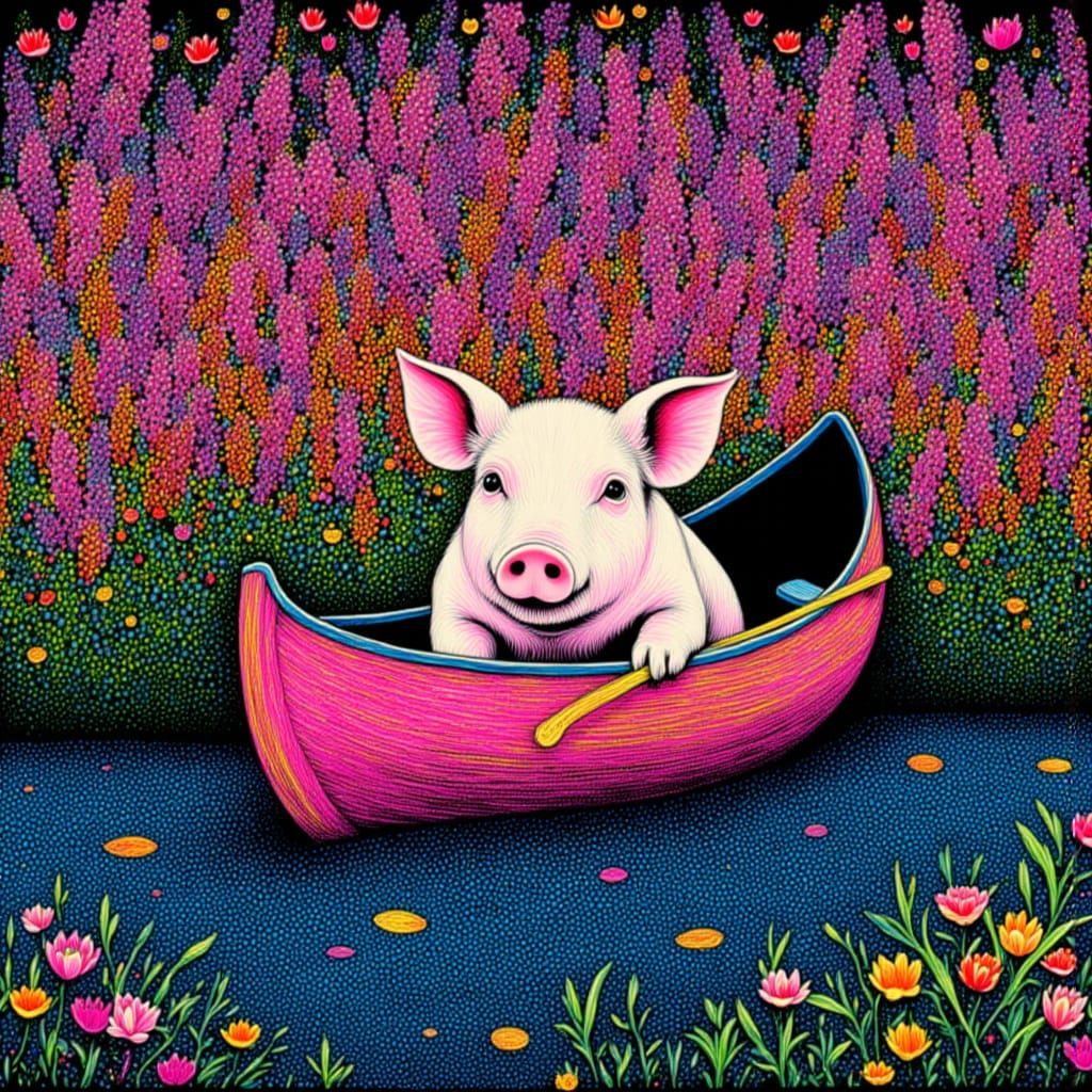Pig in Canoe with Floral Background in Neon Colors