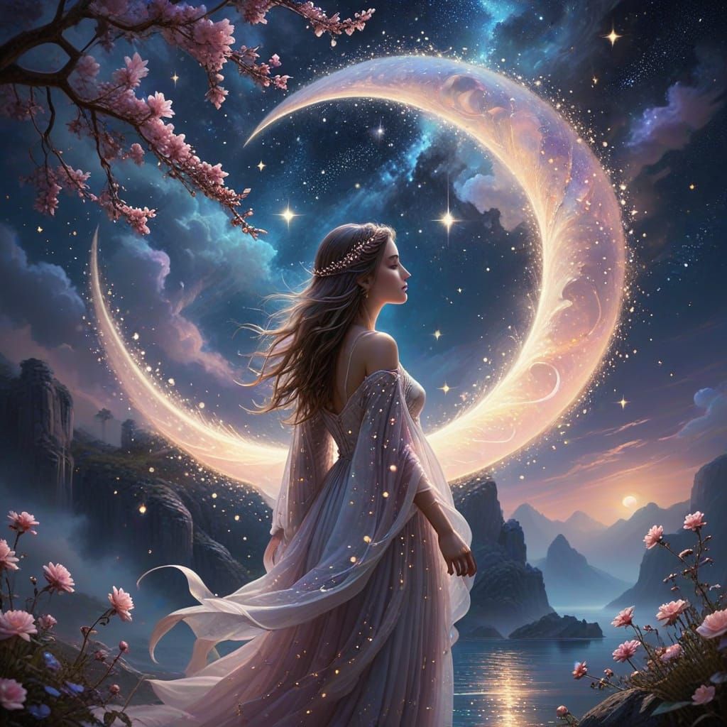 Surreal Oil Painting of Moon Goddess in Starry Cloak