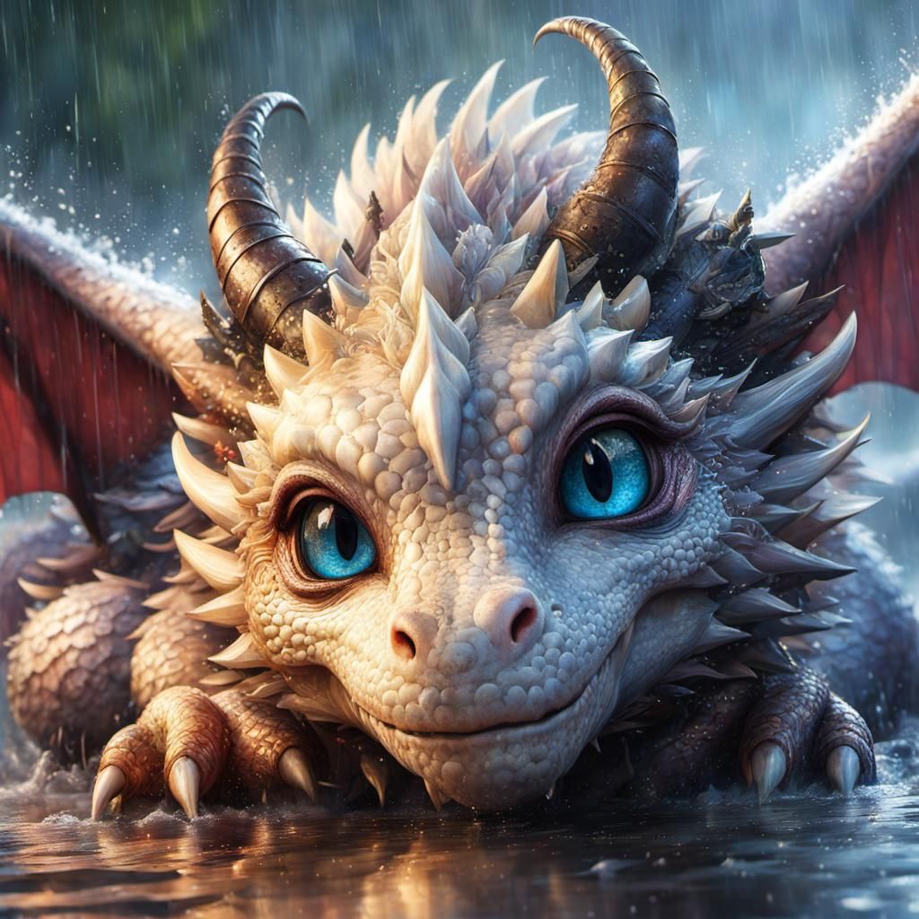 Anime Dragon Portrait in Rain with Detailed Eyes