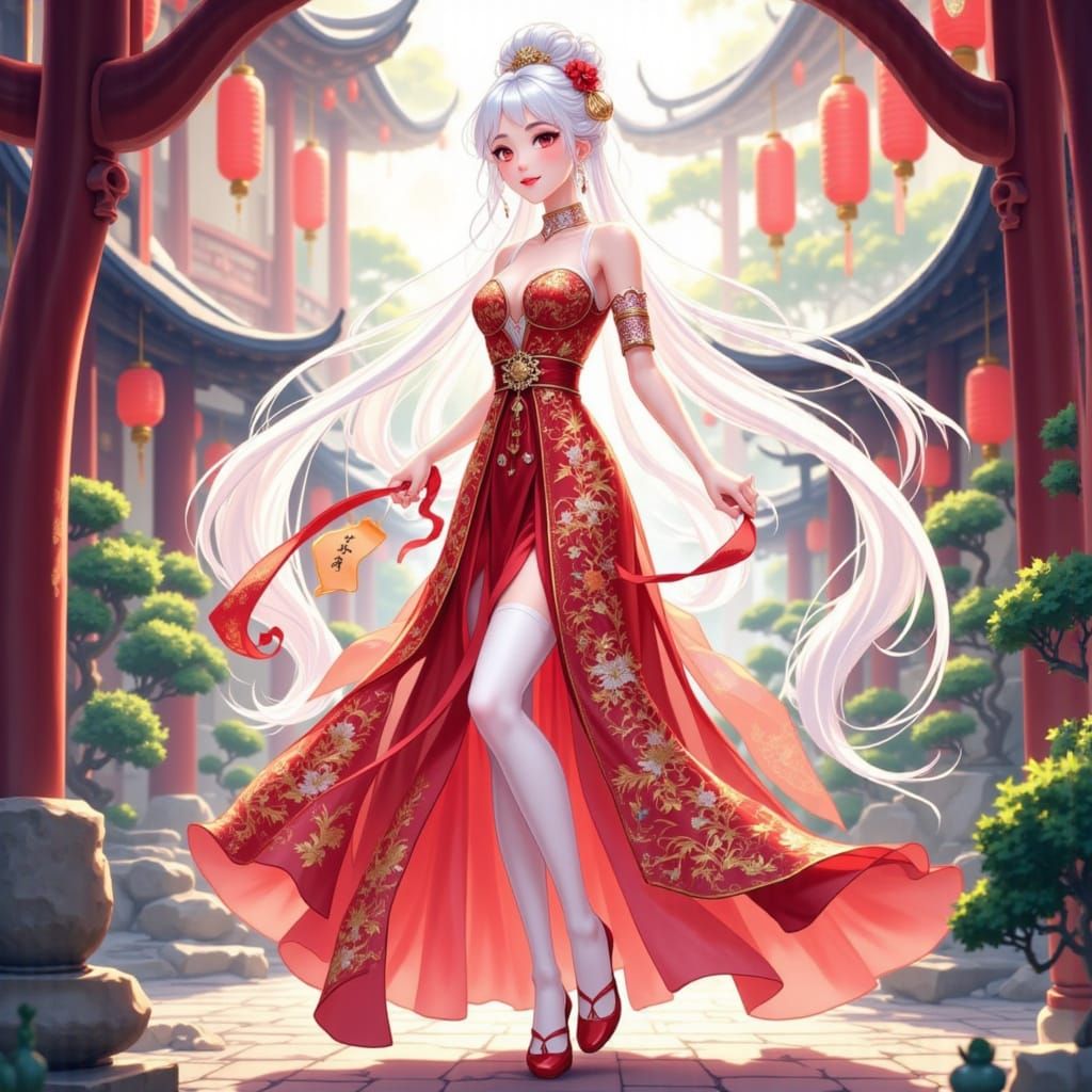 Anime Girl in Red Dress with Chinese Embroidery