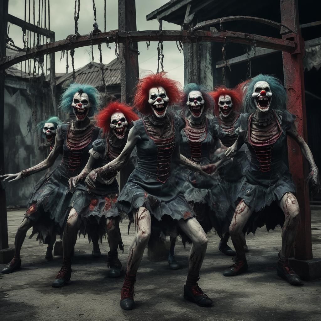 Macabre Carnival of Zombie Clowns in Surrealist Nightmare