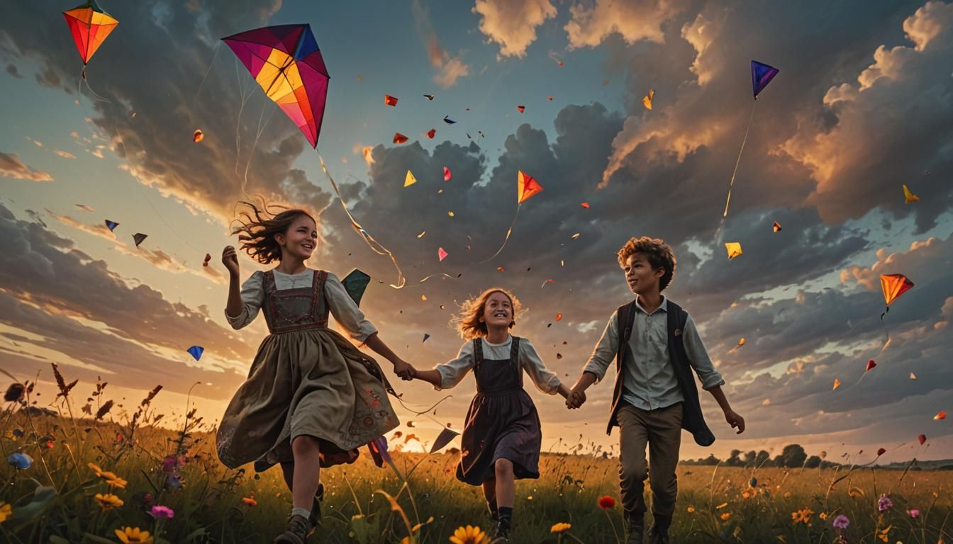 Children Playing Kites at Sunset: Mixed-Media Photography
