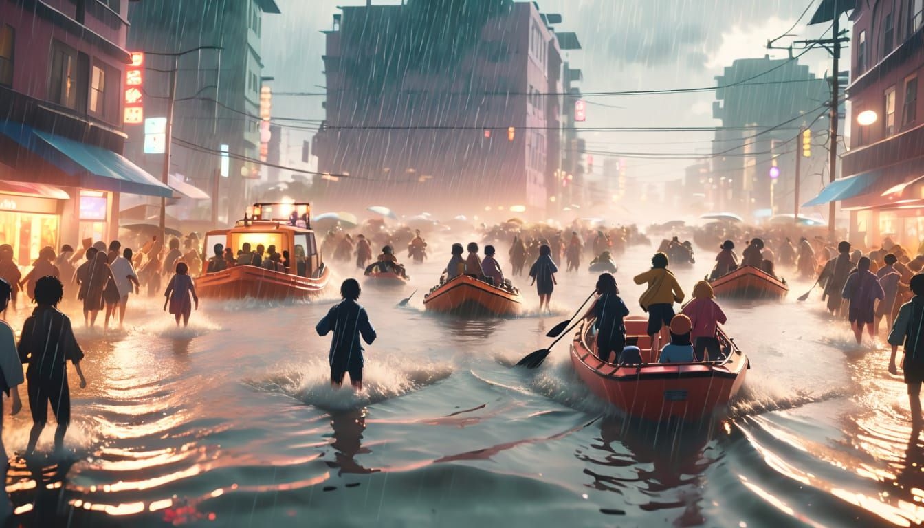 Flooded City in Anime Style with Rescue Boats