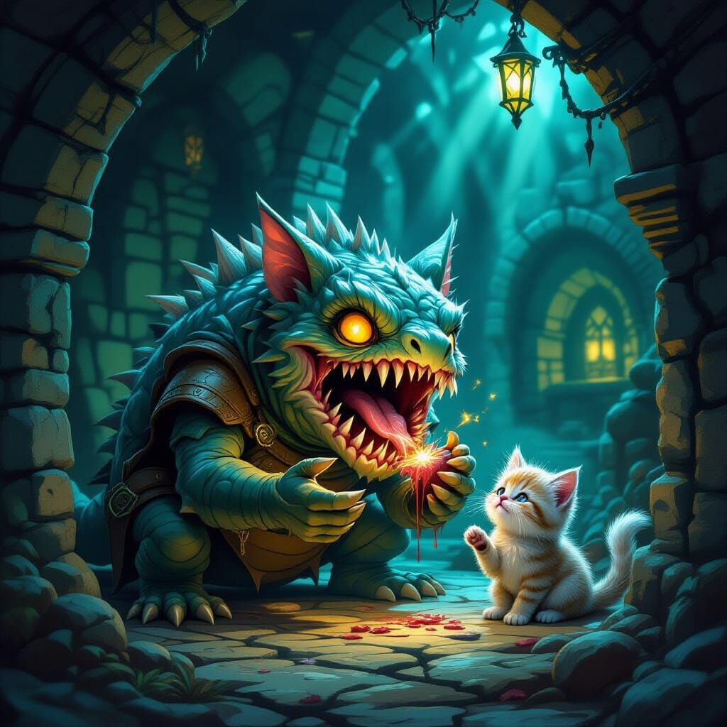 D&D Mimic Saving Kitten in Dark Fantasy Dungeon