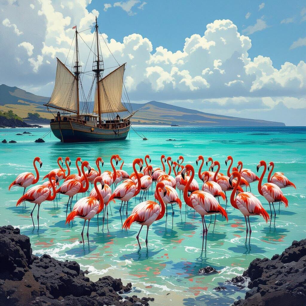 Flamingos in Galapagos: Victorian Matte Painting Style