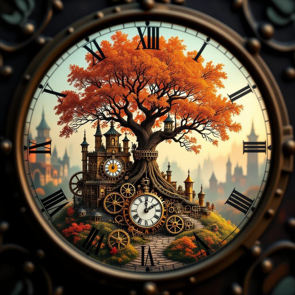 Steampunk Clockwork City with Autumn Tree