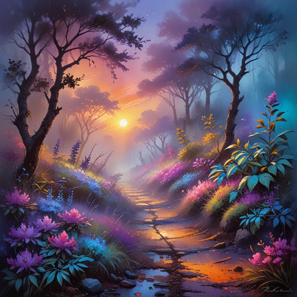 Vibrant Sunrise in a Misty Village