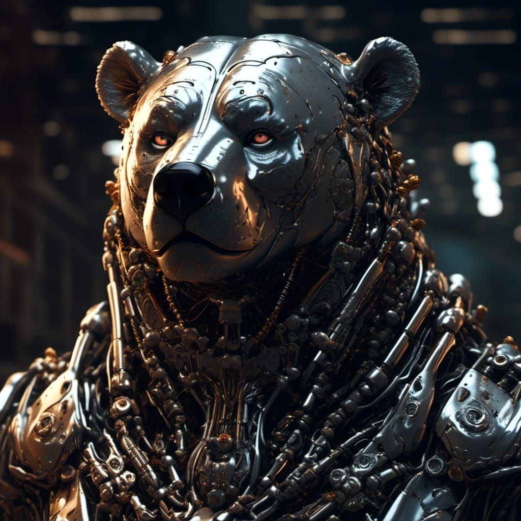 Cursed Cyborg Bear Portrait in Liquid Mercury