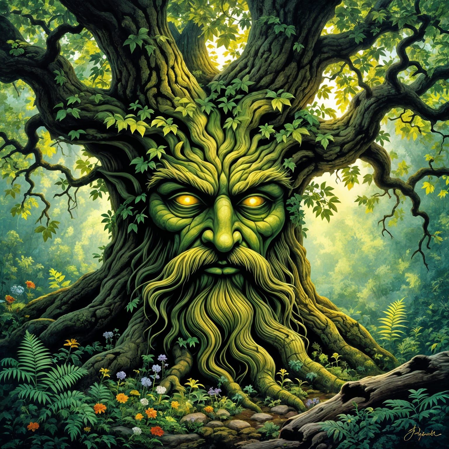 Green Man Face Emerges from Ancient Oak Forest