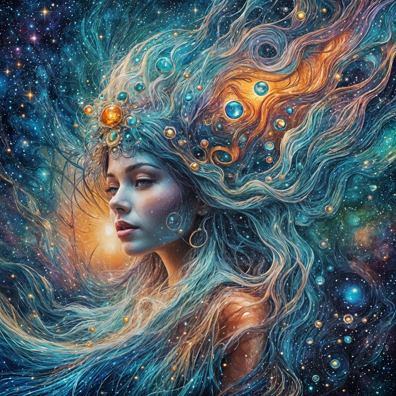Cosmic Art Woman Amidst Weaving Waves