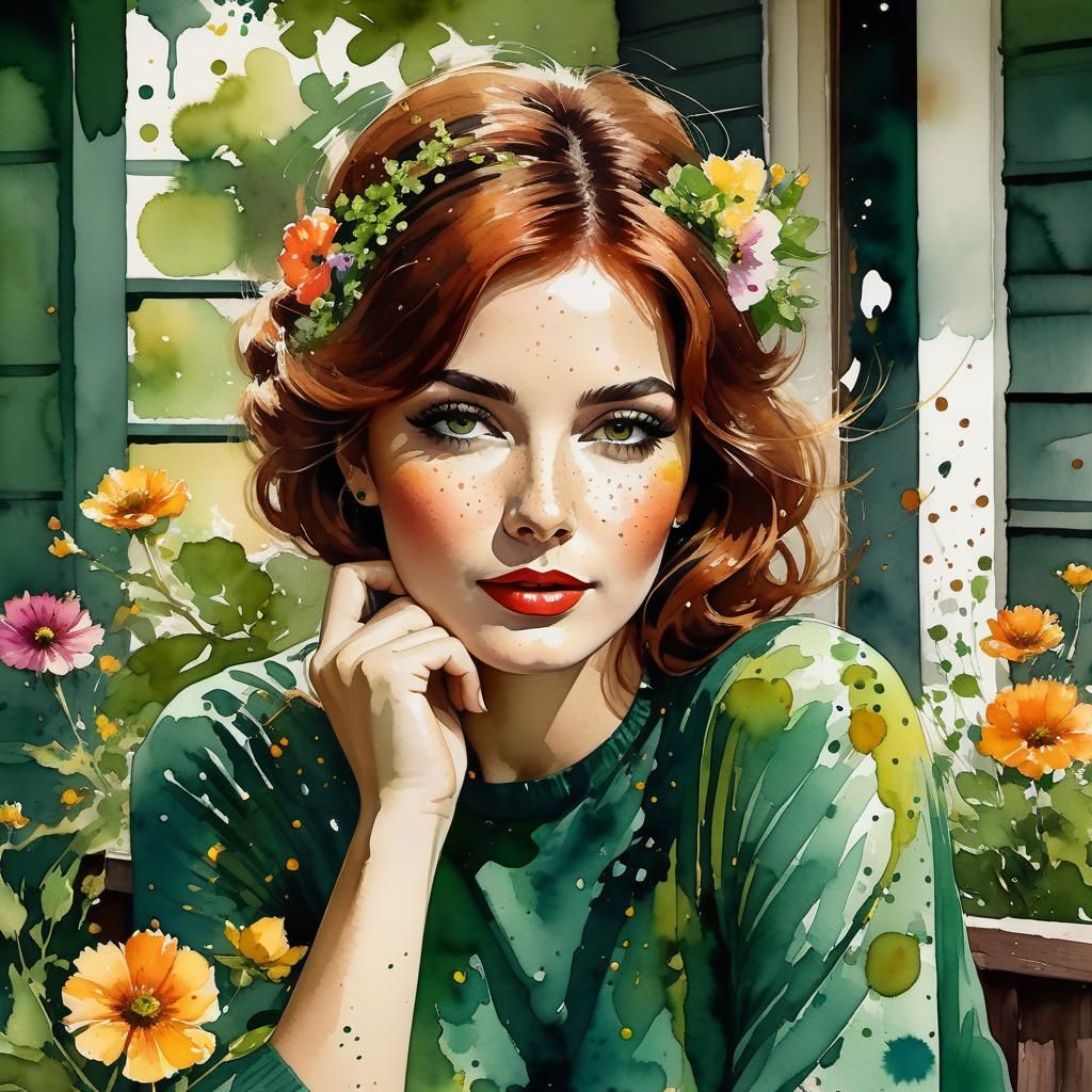 Bohemian Woman Portrait in Watercolor Ink Splatter Style