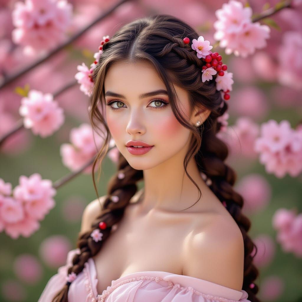 Serene Young Woman in Blossom-Adorned Garden