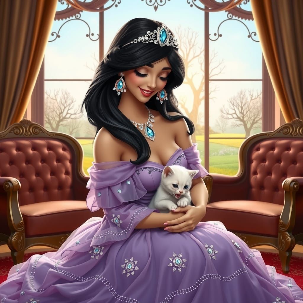 Princess Jasmine Portrait with Kitten, Art Nouveau Style