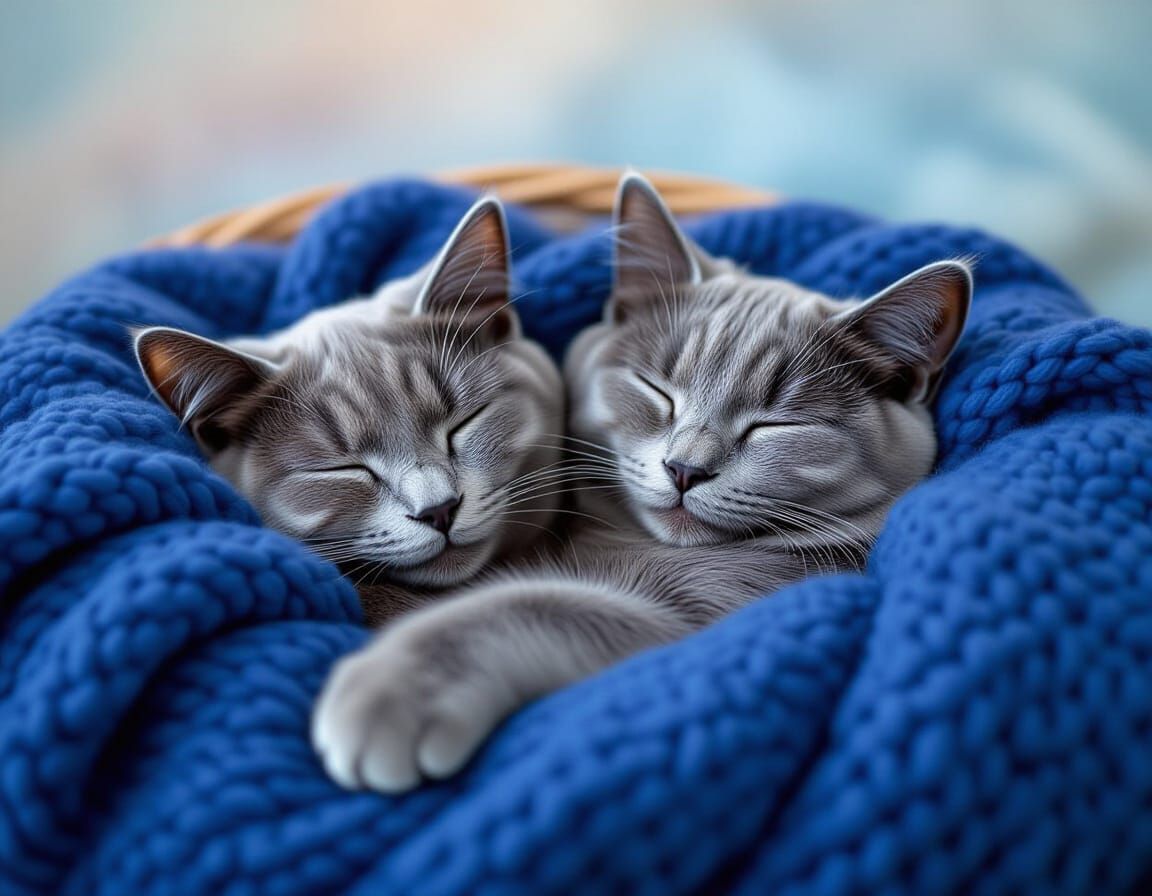 Whimsical Russian Blue Cat Sleeping in Basket