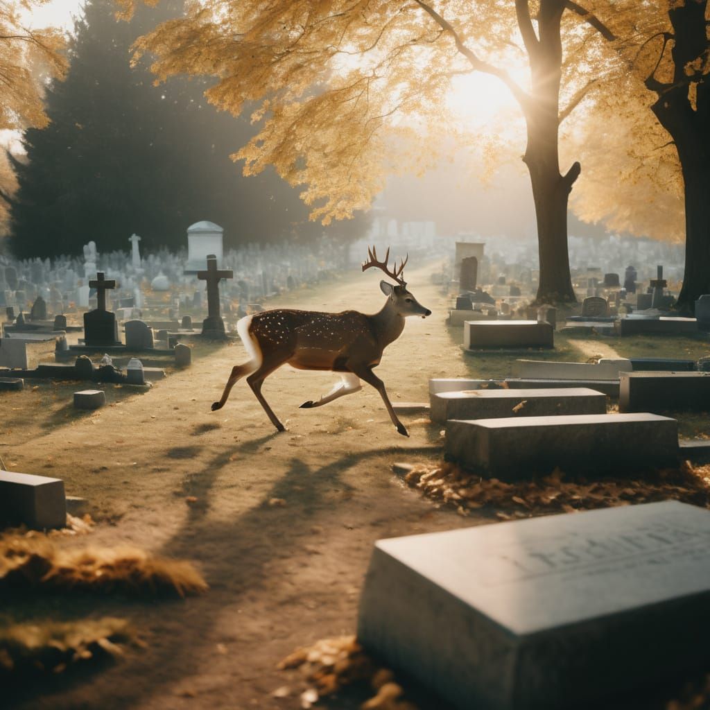 Deer Runs Through Cemetery in Golden Hour Light