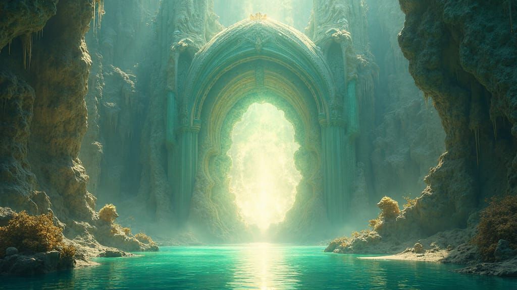Luminous Portal Between Fantasy Structures in Digital Painti...