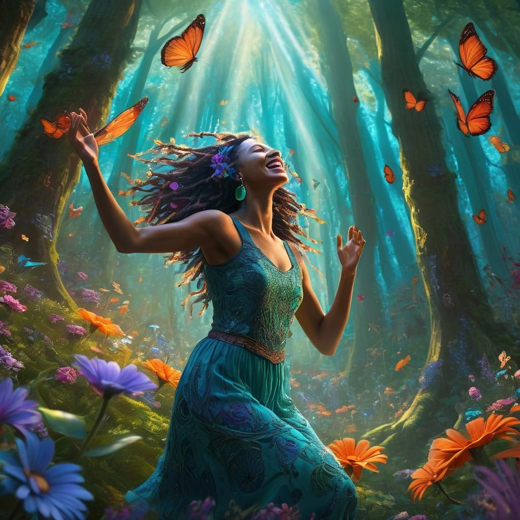 Joyful Woman Dancing in Whimsical Fantasy Forest
