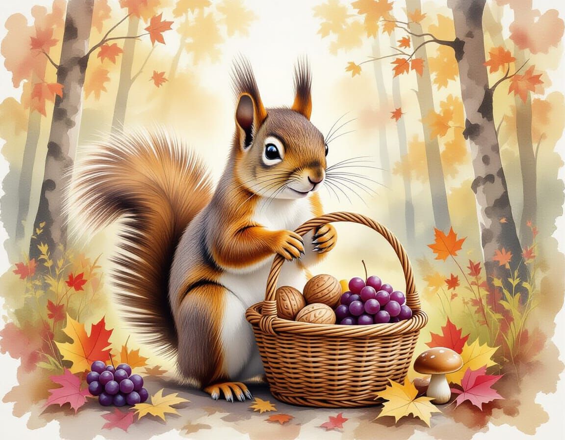 Anthropomorphic Squirrel in Autumn Forest, Watercolor Art