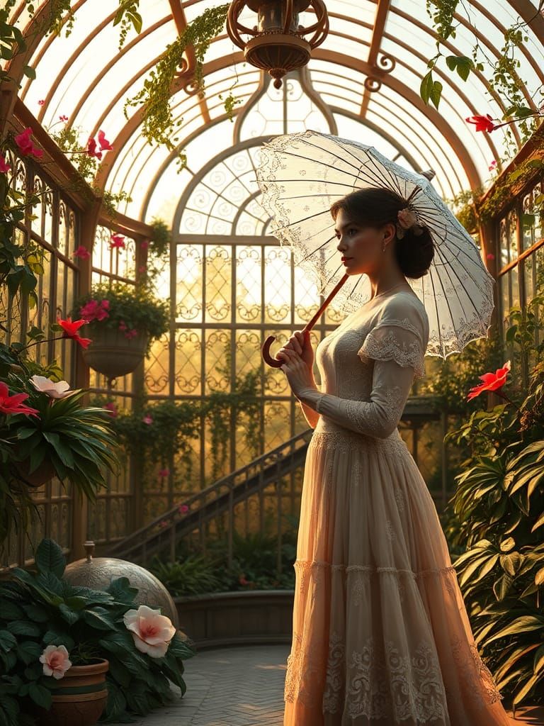 Steampunk Victorian Woman in Floral Conservatory