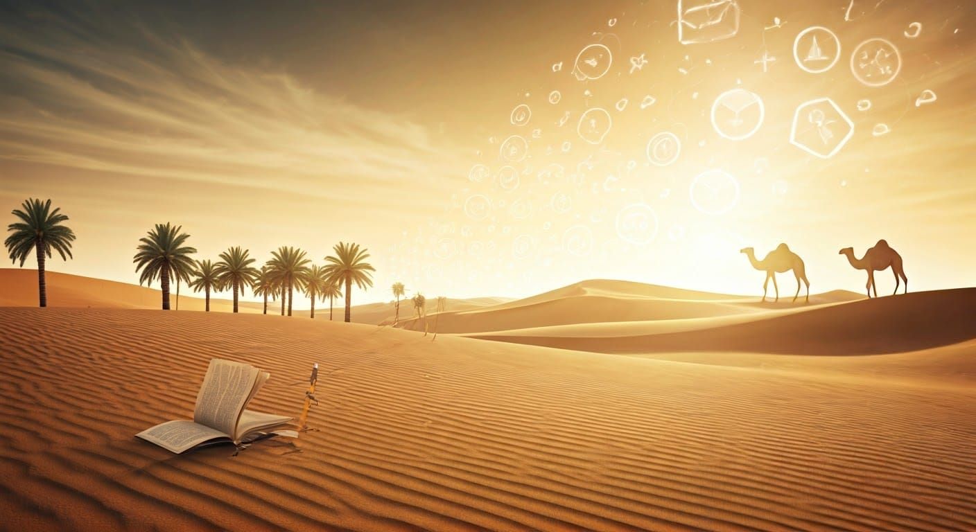 Omani Desert Landscape with Educational Symbols