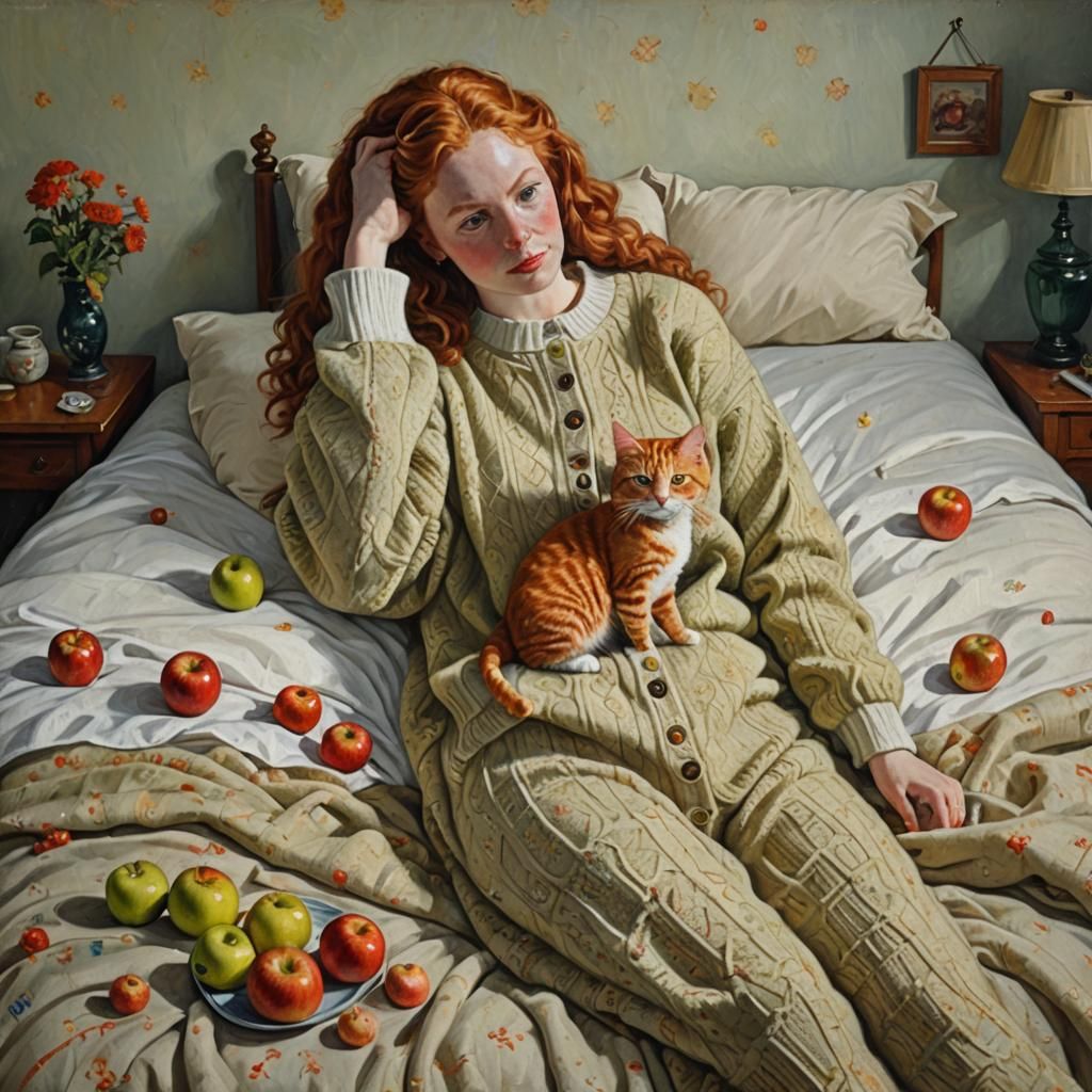 Woman Knitting with Cat, Oil Painting Style