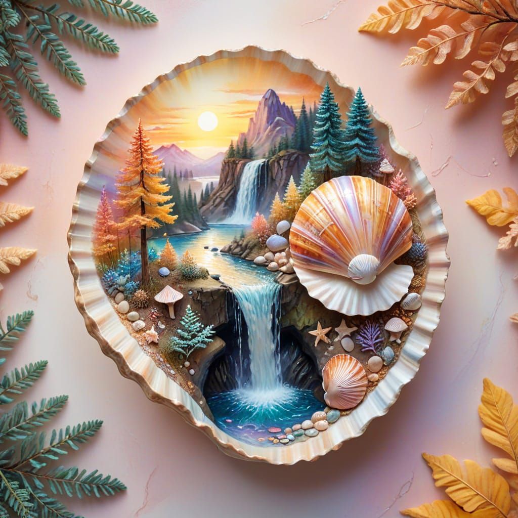 Seashell Miniature Landscape in Watercolor Style