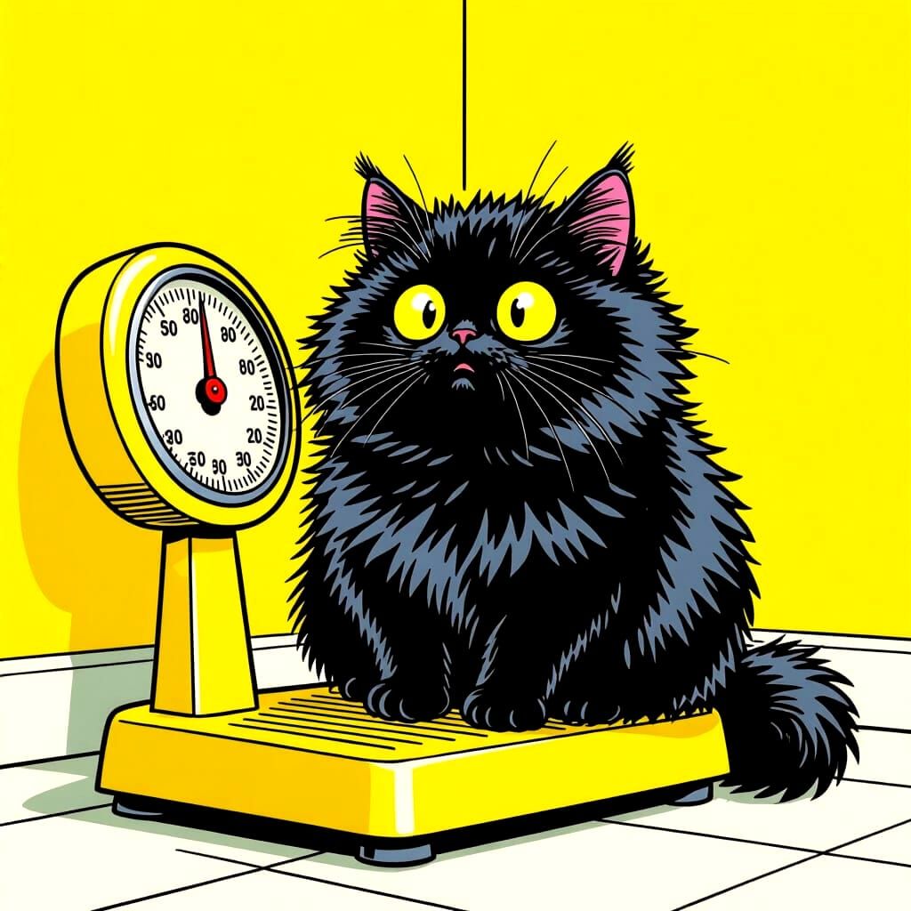 Terrified Chubby Cat on Scale in Comic Style