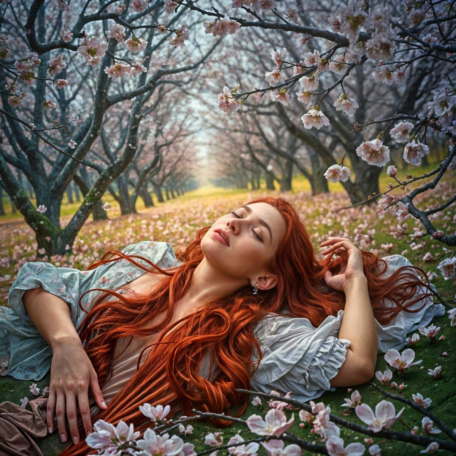 Woman in Mystical Cherry Blossom Grove