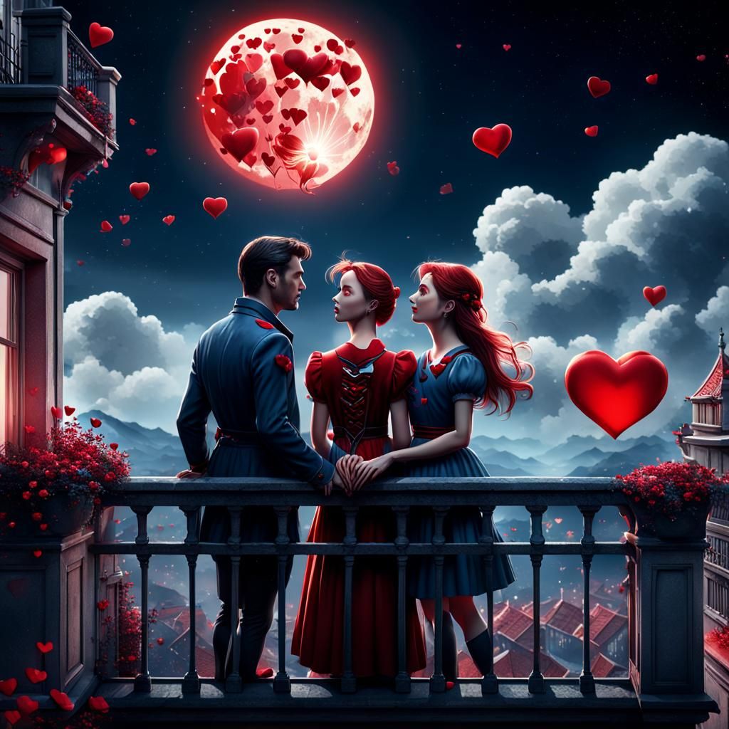 Romantic Balcony Scene with Moon and Flying Hearts