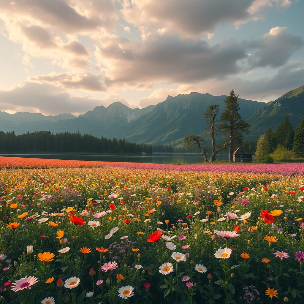 Surreal Landscape of a Flower Field by a Serene Lake