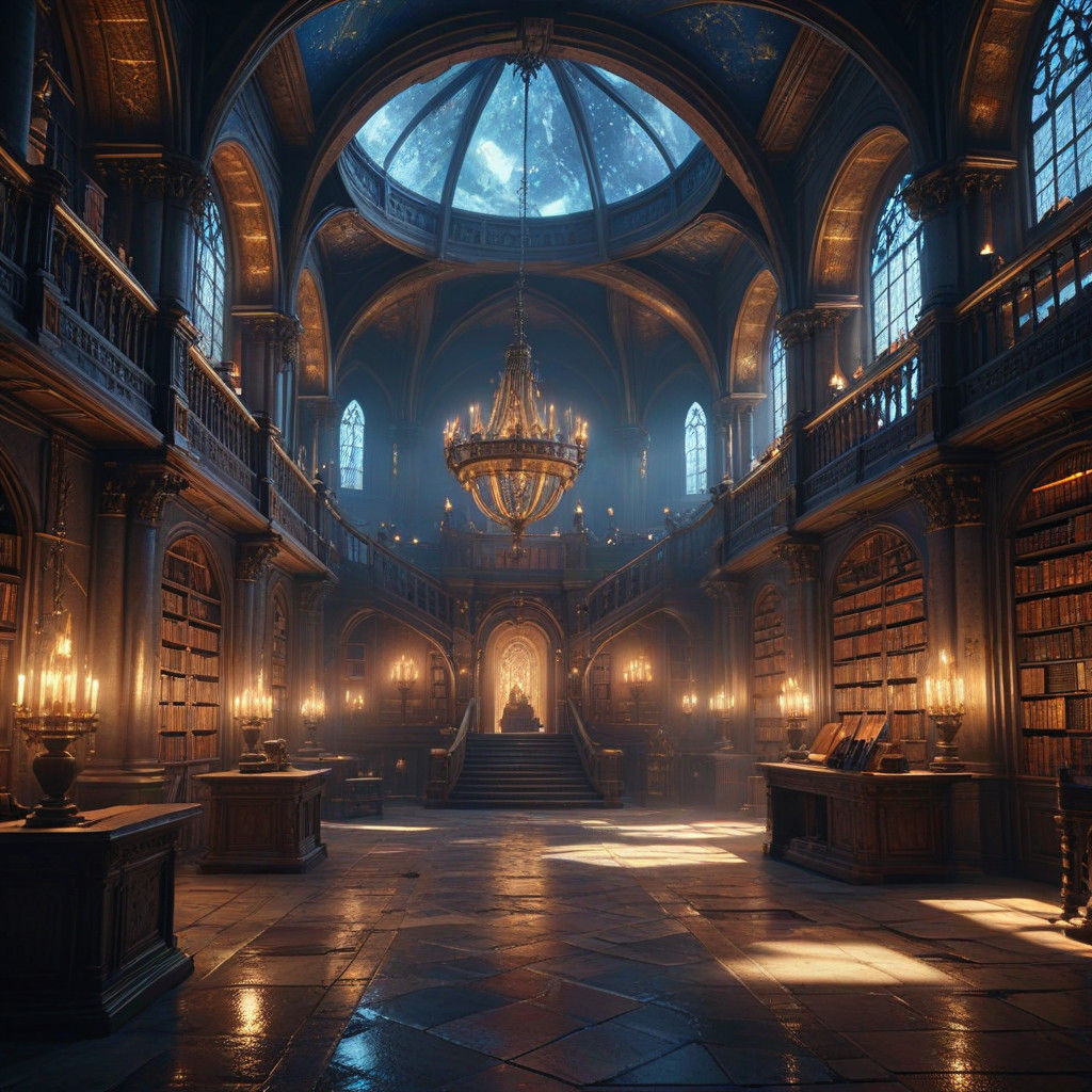 Majestic Fantasy Library in Warm Golden Hues