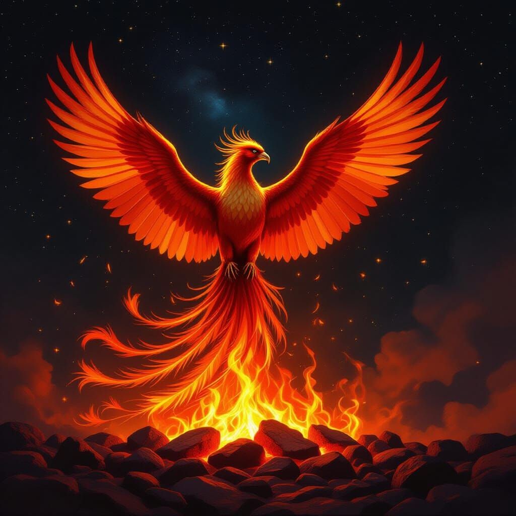 Majestic Phoenix Rises From Embers in Cosmic Sky