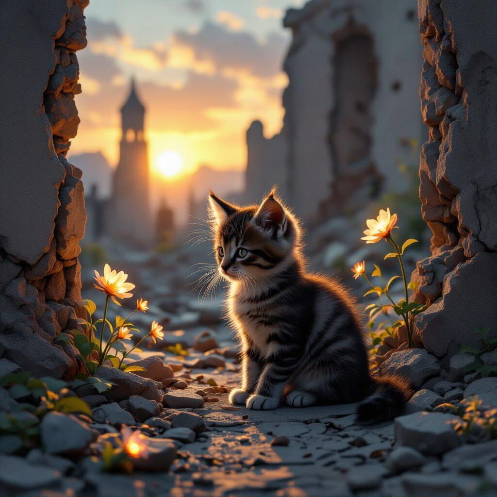Solitary Kitten in Ruined City at Sunset