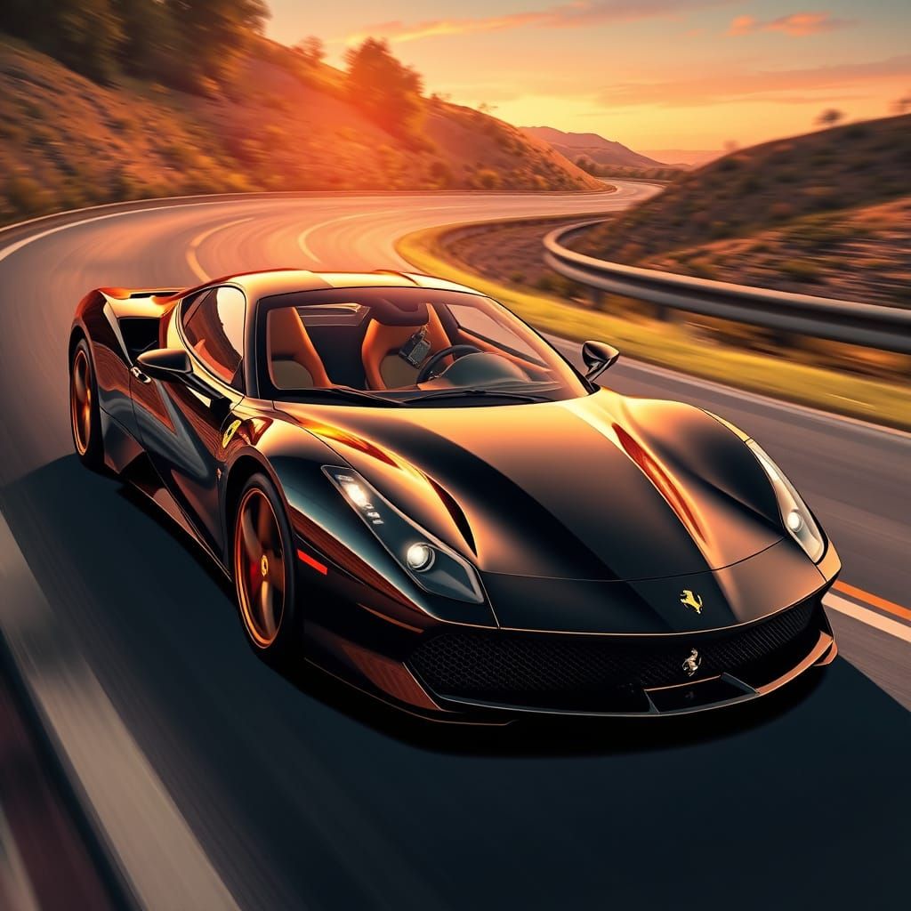 Luxury Ferrari Speeds Down Winding Road in Blazing Gold and ...