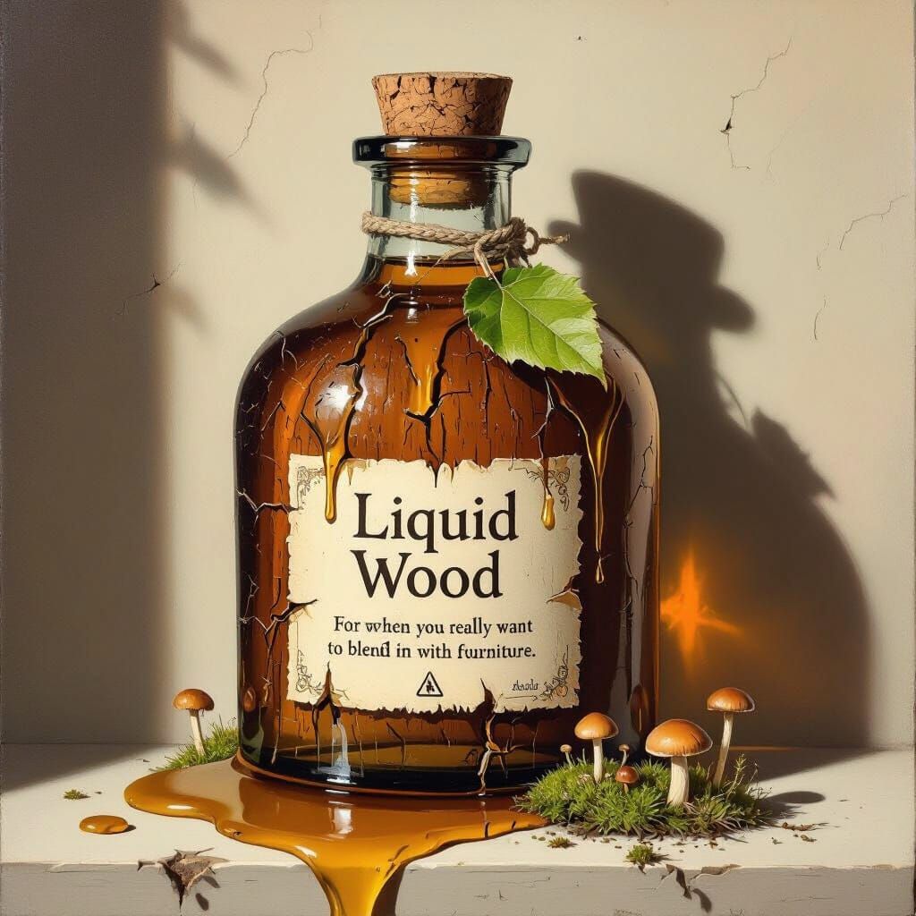 Surreal Liquid Wood Bottle with Moss and Mushrooms