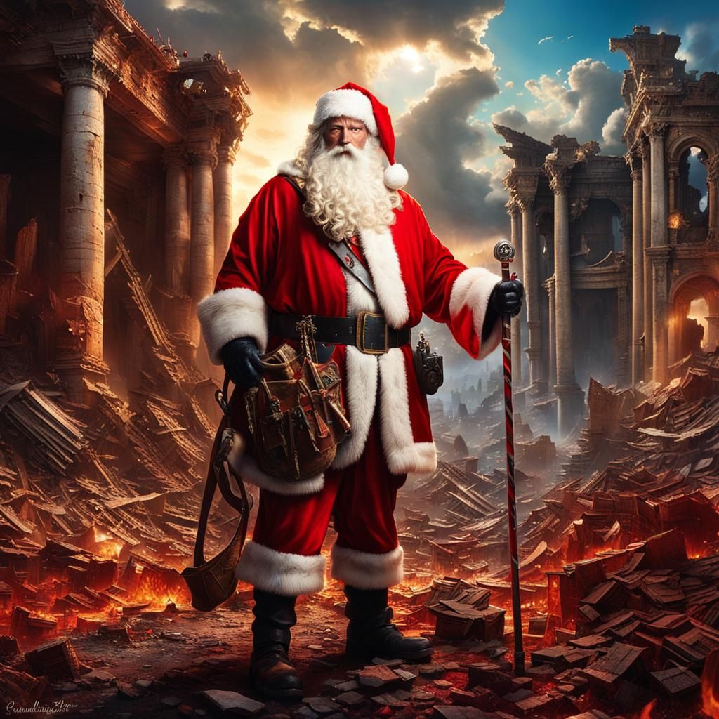 Apocalyptic Santa Claus in Ruined City