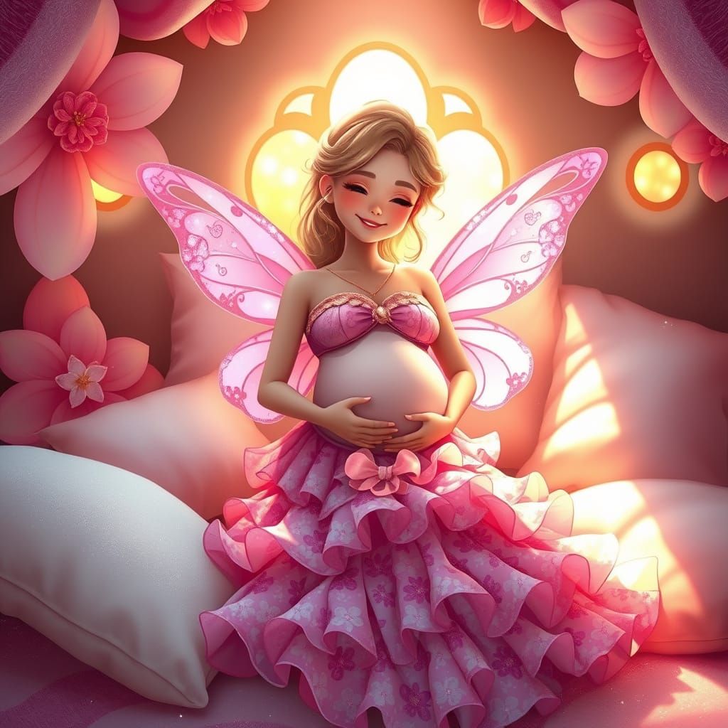 Whimsical Fairy in Floral Dress in Cozy Bed
