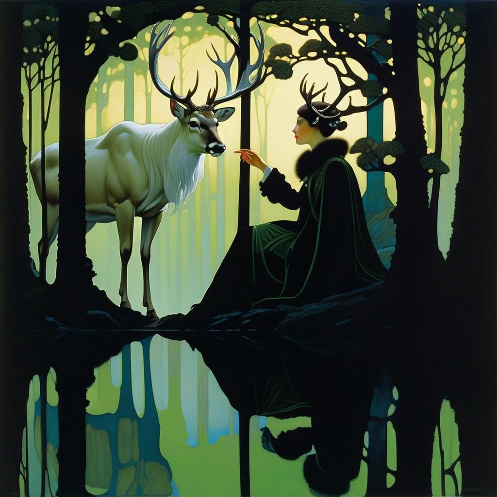 Woman and White Stag in Moody Forest