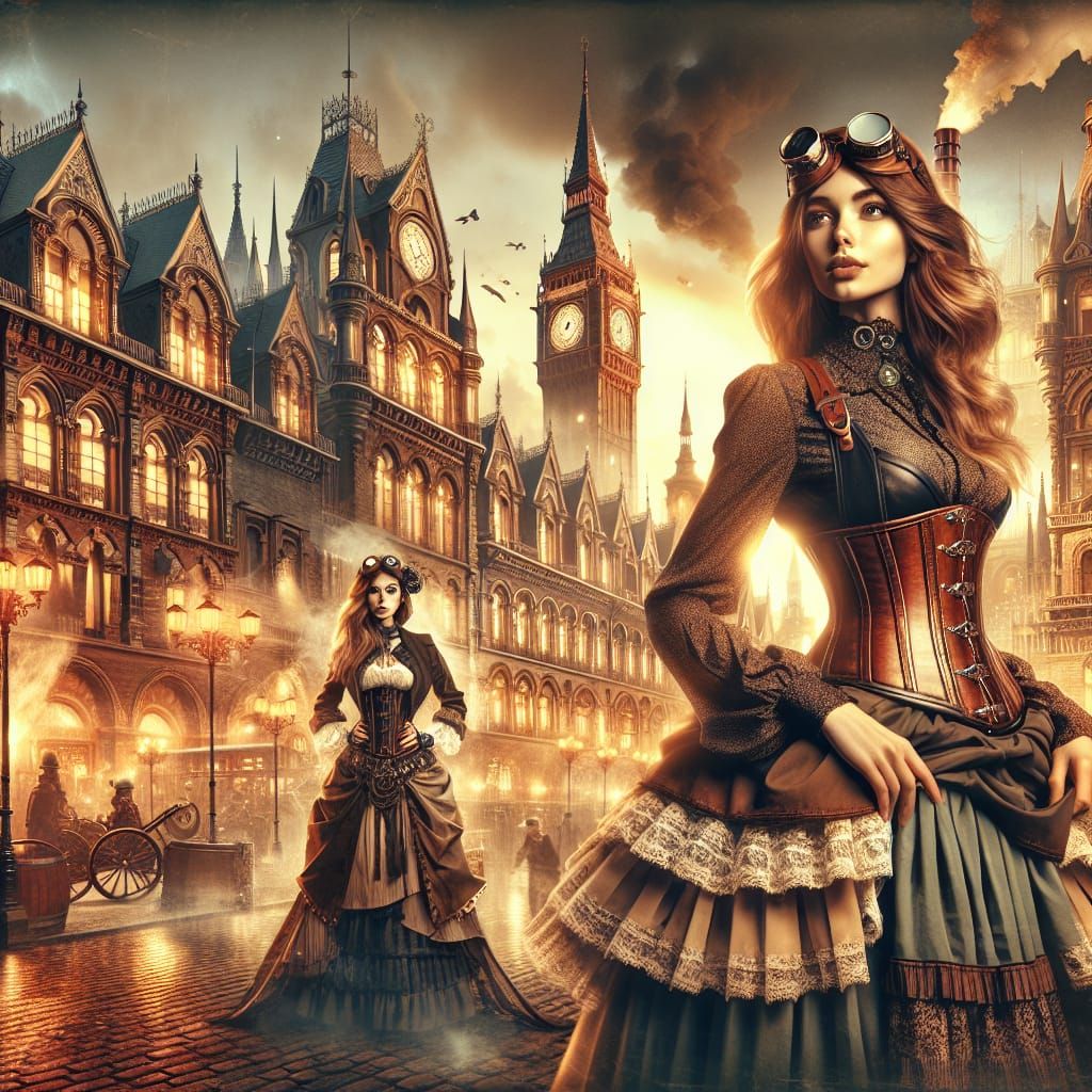 Vibrant Steampunk Cityscape with Elegant Female Figure